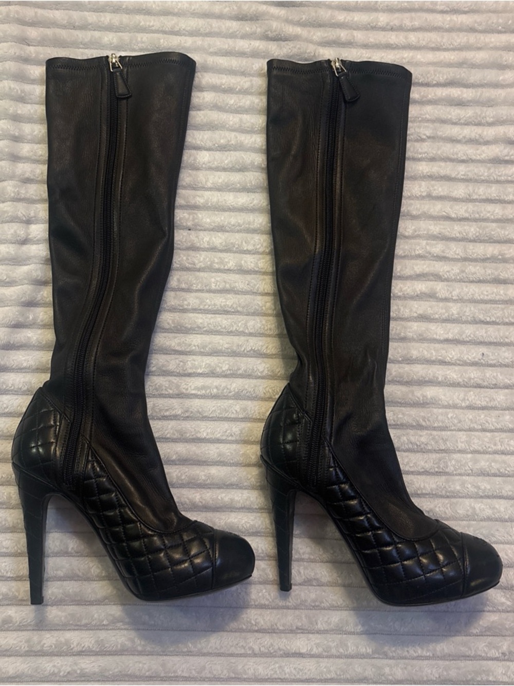 CHANEL Black Quilted Leather Knee High Stiletto Boots